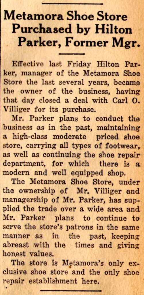 July 14, 1939, article in the Metamora Herald Hilton Parker buys business from Carl Villiger