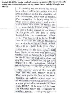 Metamora Herald articles from 1930 discuss the construction of Village Hall 