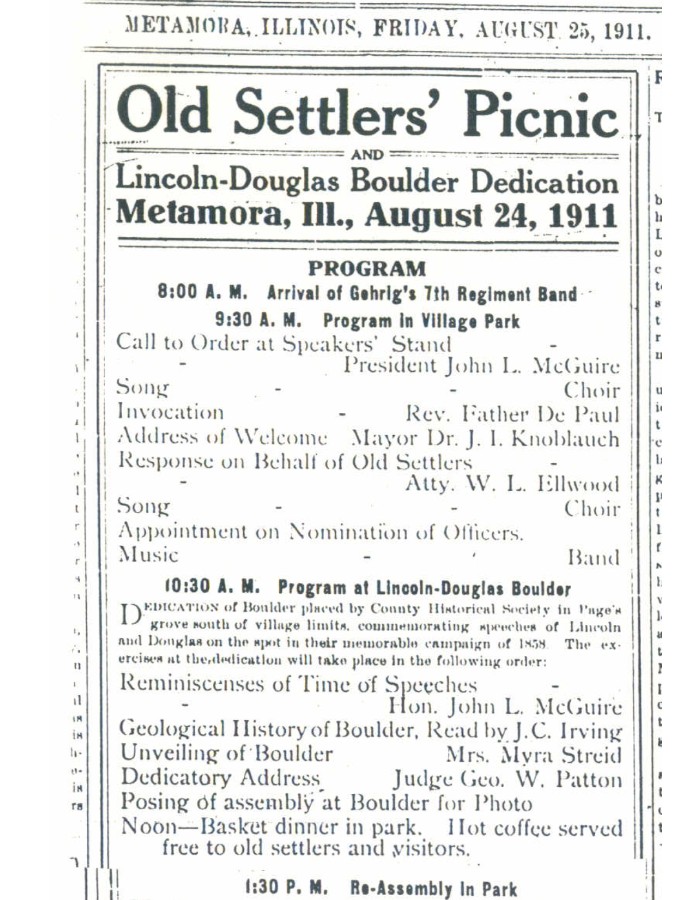 Photo of the flyer for the Lincoln-Douglas Park boulder dedication