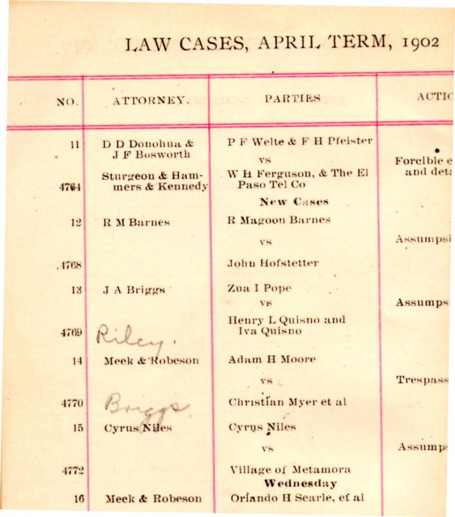 Law cases for the April 1902 term includes Cyrus Niles vs. The Village of Metamora