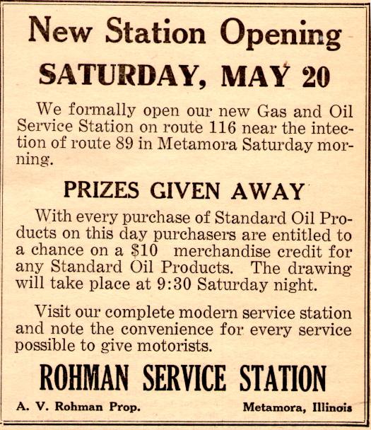 Rohman Service Station ad from the Metamora Herald